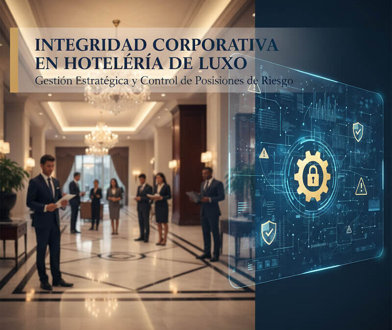 Imagen de lujo de un lobby de hotel con ejecutivos y una superposición digital que simboliza la gestión estratégica, el control de riesgos y la integridad corporativa en el sector hotelero 5 estrellas.