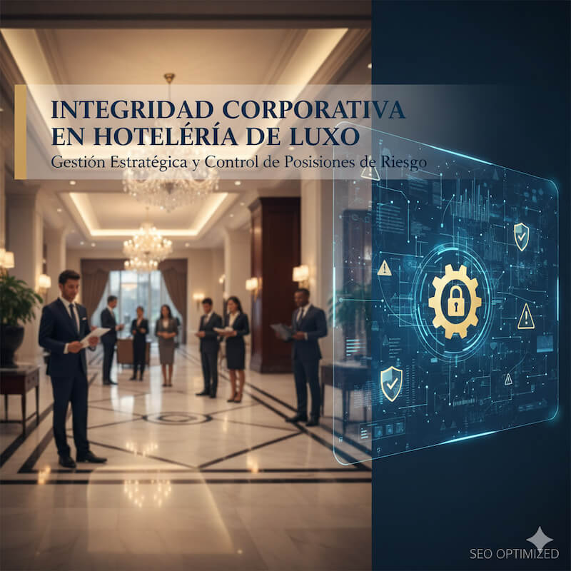 Imagen de lujo de un lobby de hotel con ejecutivos y una superposición digital que simboliza la gestión estratégica, el control de riesgos y la integridad corporativa en el sector hotelero 5 estrellas.